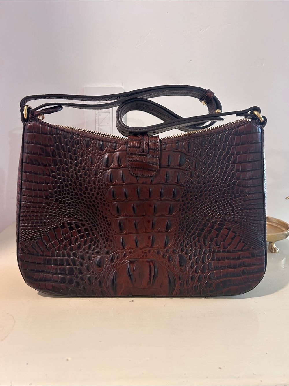 Brahmin Croc-Embossed Shoulder Bag in Deep Brown with Gold Accent - Picture 2 of 7